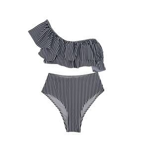 NWT Vimpunec Womens XS Striped Black White Ruffle One Shoulder 2 Piece Swimsuit